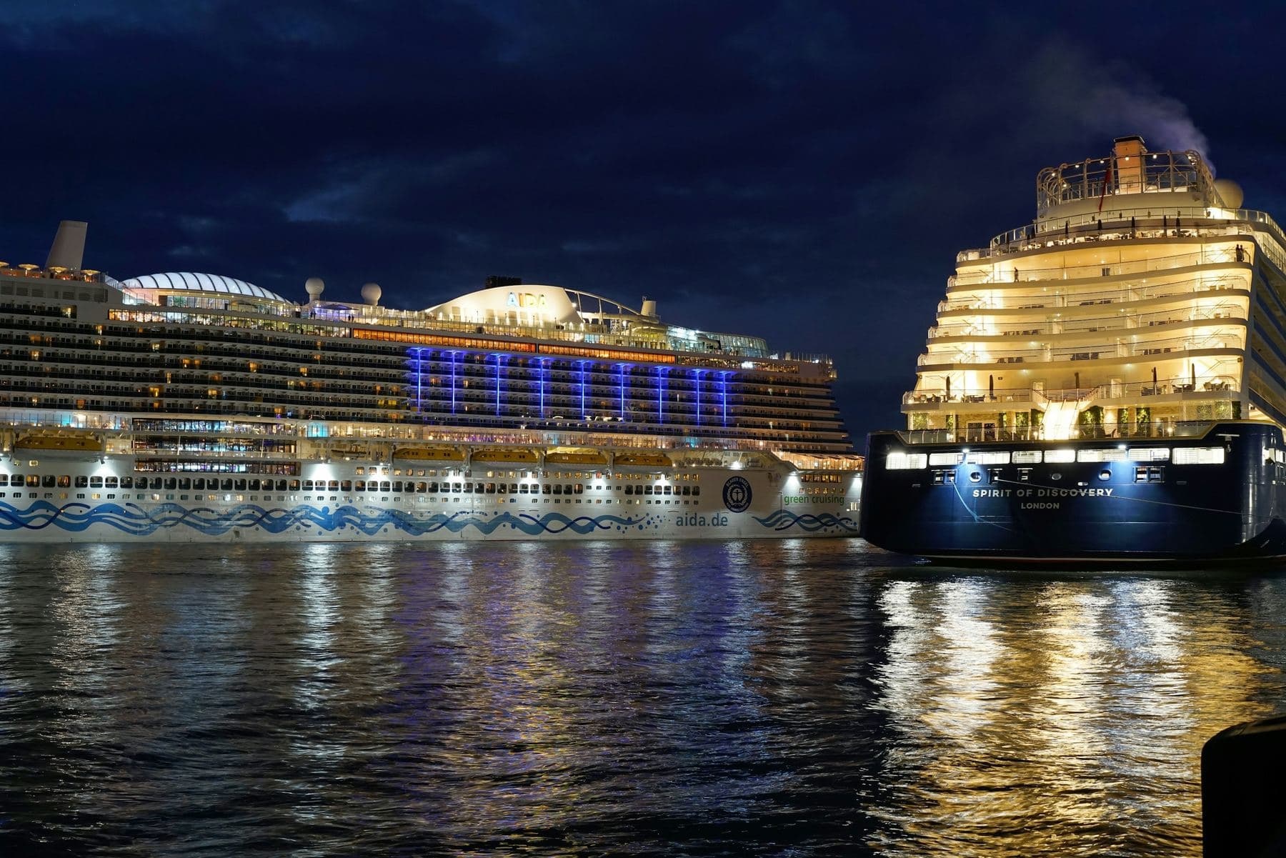 Cruise ships lit up in Funchal harbour at night